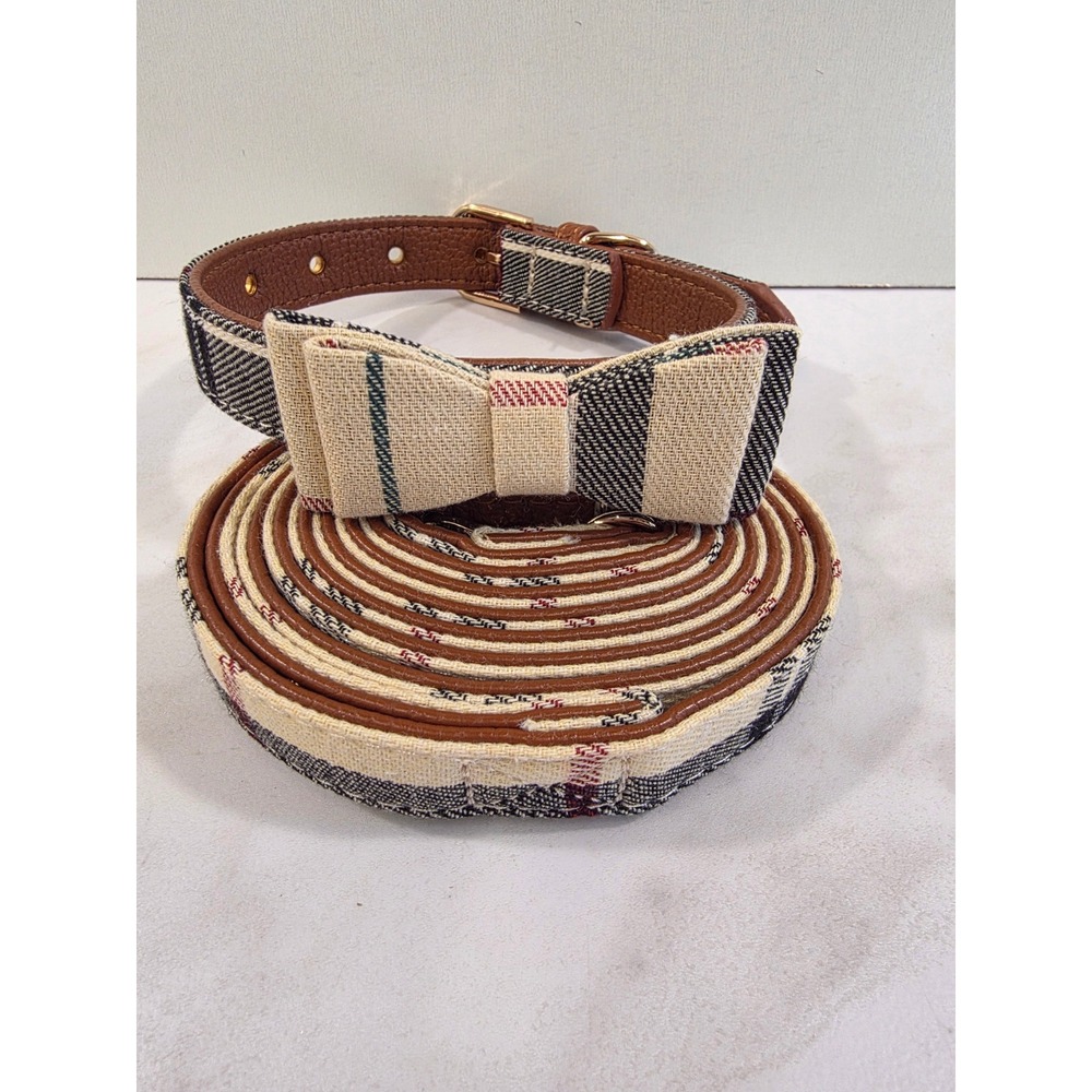 Preppy Heritage Dog Collar Leash Set Bowtie Plaid Unbranded Tan Brown